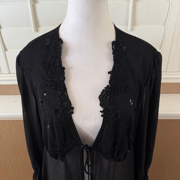 Vintage California Dynasty Sheer Black Boudoir Robe Romantic Goth Dark Glam Sz L - Picture 2 of 8